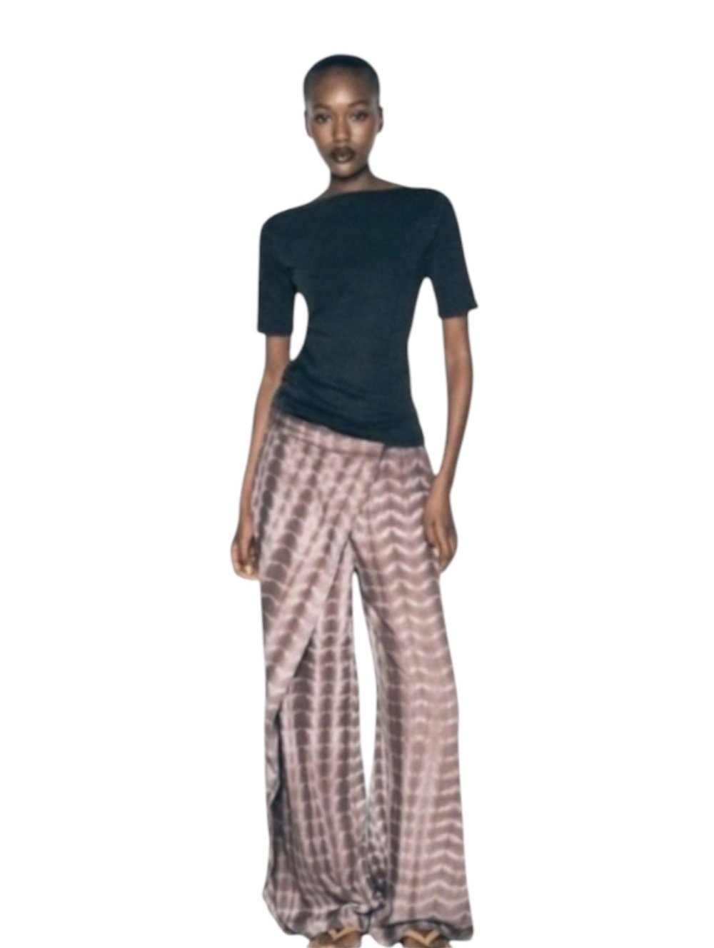 NWOT Zara Linen Blend Tie Dye Wide Leg Pants Wrap Front Size XL Brown White